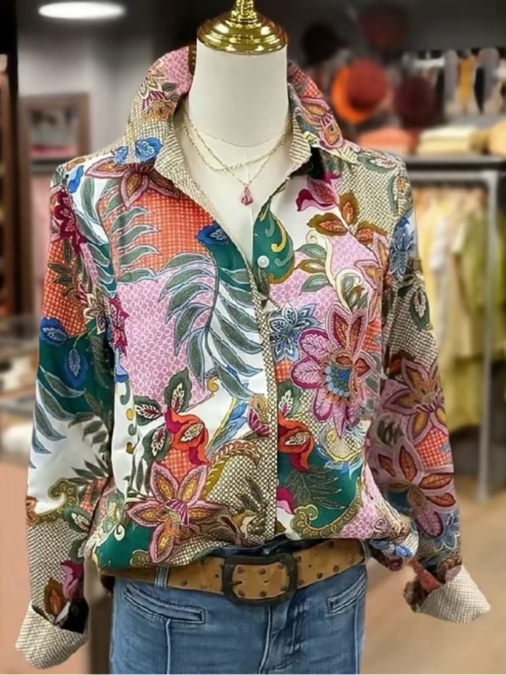 CherryBetty Floral Print Button-Down Shirt in Teal, Coral & Pink